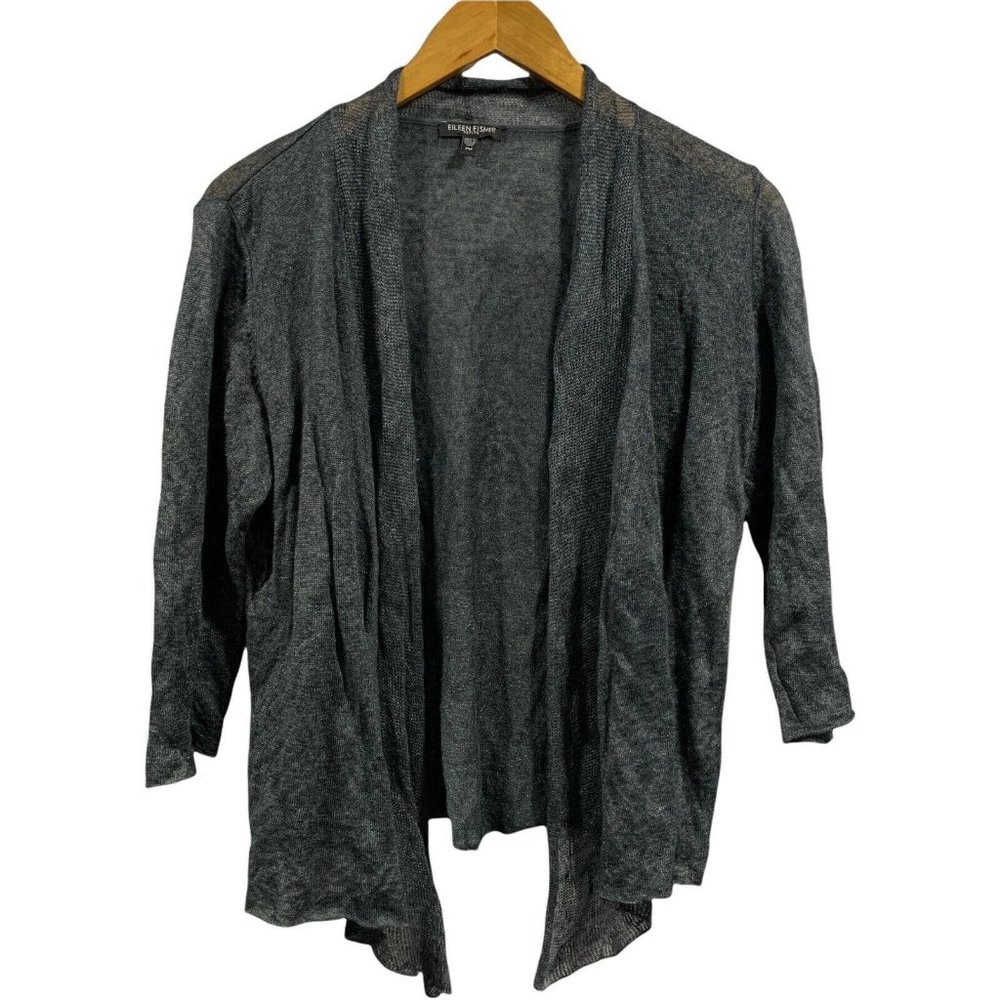 Eileen Fisher Stone Gray Linen Blend Drape Hi Low Open Front Cardigan Petite M